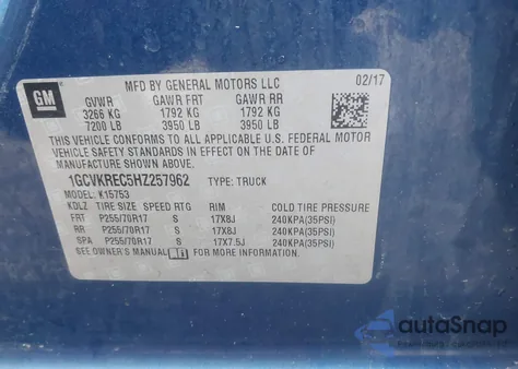 2017 Chevrolet Silverado 1500 1Lt из США, поврежденный, VIN 1GCVKREC5HZ257962